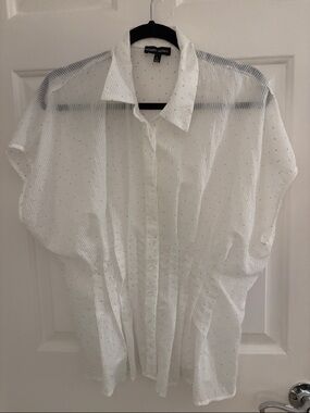 Modern Works Women's White Sheer Button-Down Shirt with Dot Texture